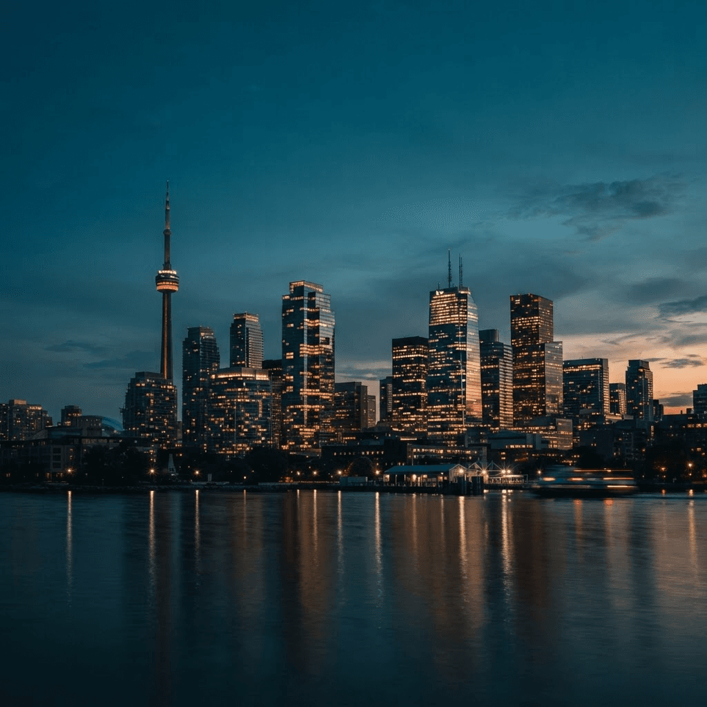 Modern Canadian city skyline at dusk